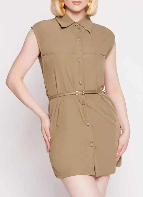 Belted Sleeveless Snap Button Front Mini Dress sold by Rainbow