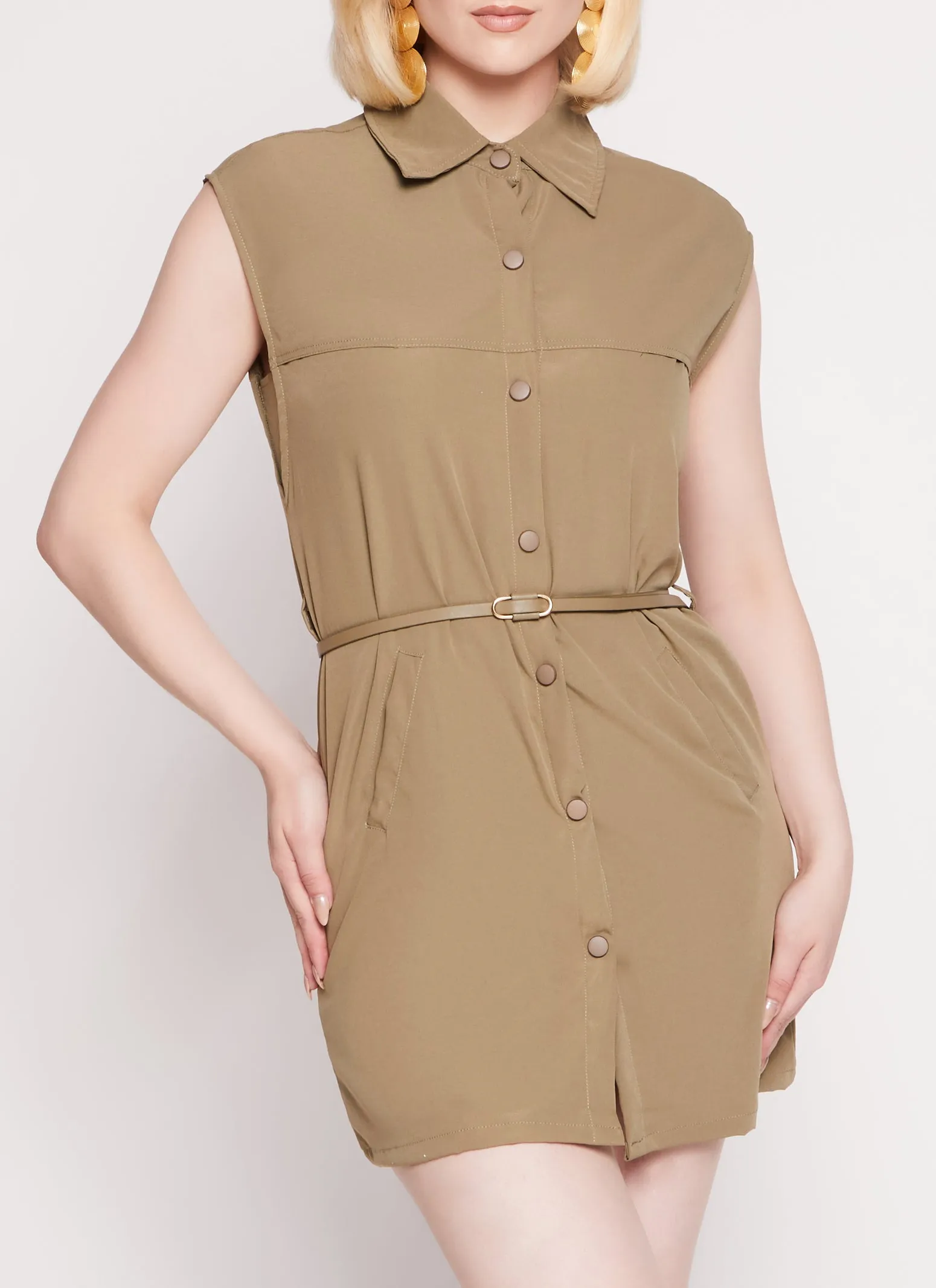 Belted Sleeveless Snap Button Front Mini Dress sold by Rainbow