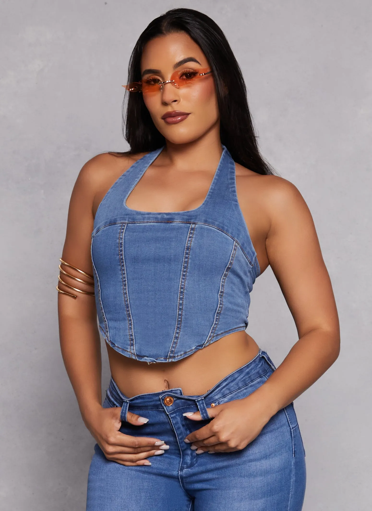 Halter Neck Corset Denim Top sold by Rainbow
