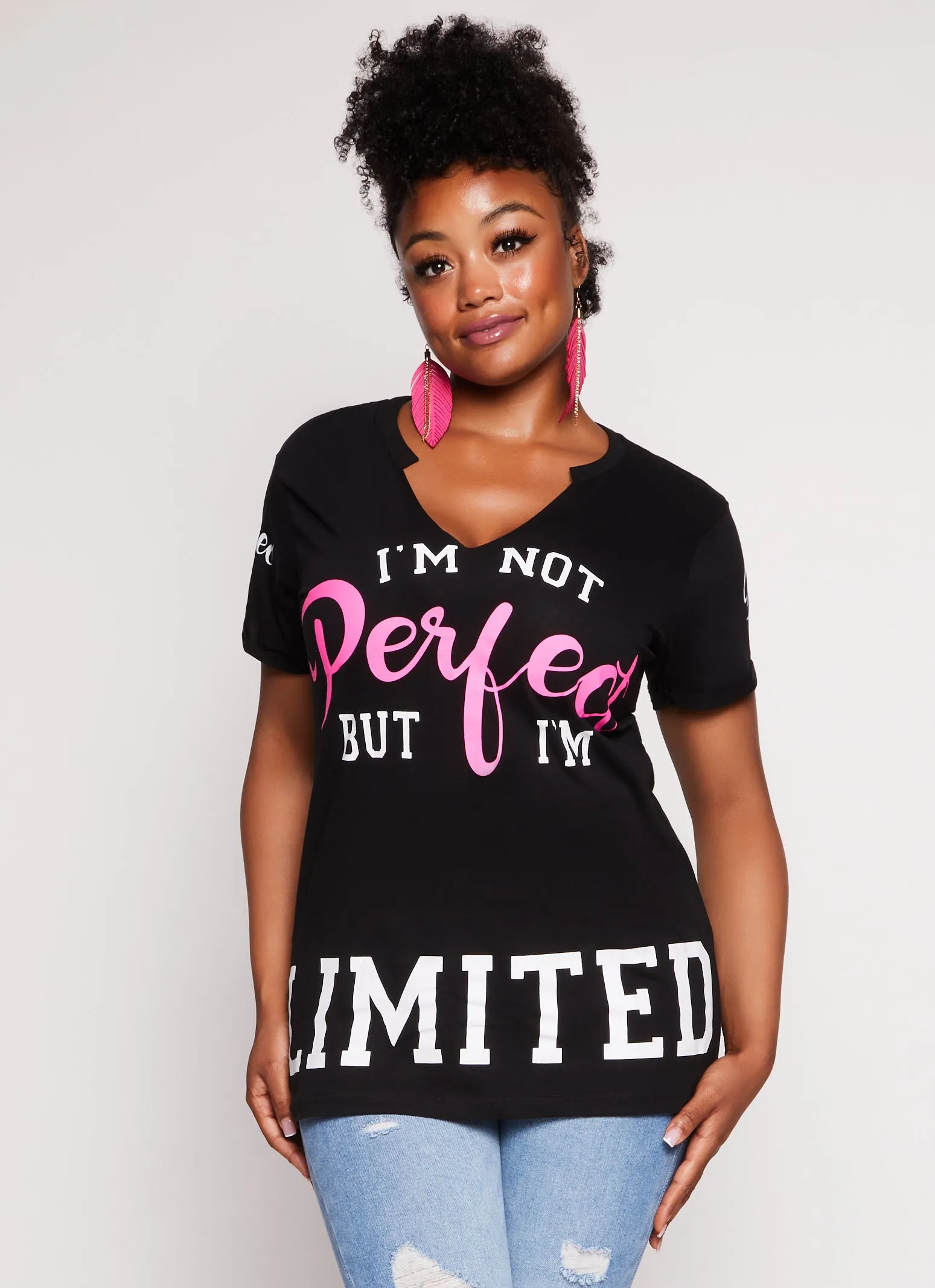 Plus Size Im Not Perfect But Im Limited Notch Neck Graphic Tee sold by Rainbow