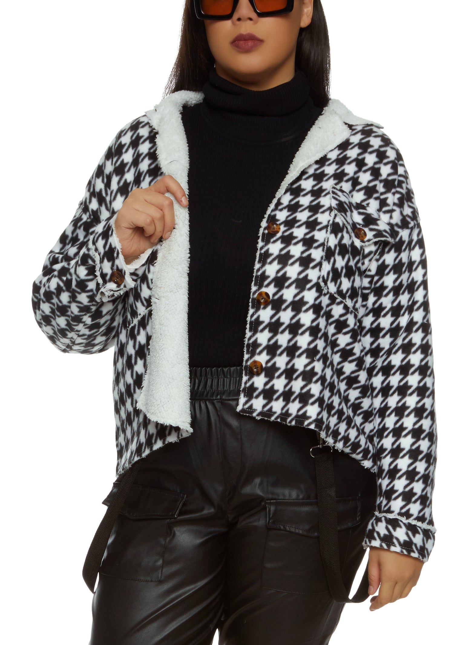 Plus Size Houndstooth Print Sherpa Lined Jacket sold by Rainbow