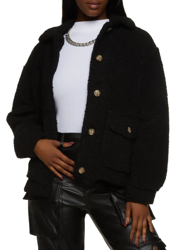 Button Down Sherpa Teddy Shacket sold by Rainbow