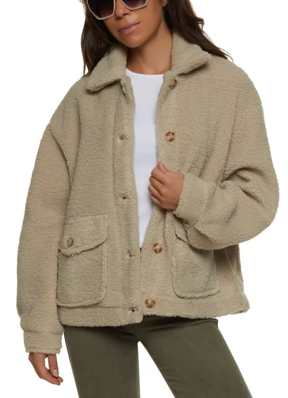 Button Down Sherpa Teddy Shacket sold by Rainbow