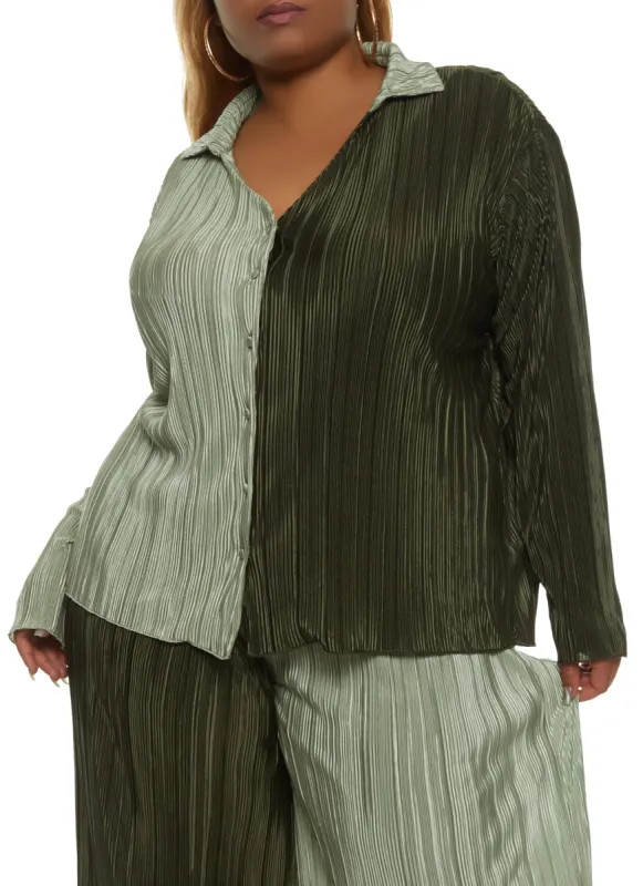 Plus Size Plisse Color Block Button Front Shirt sold by Rainbow