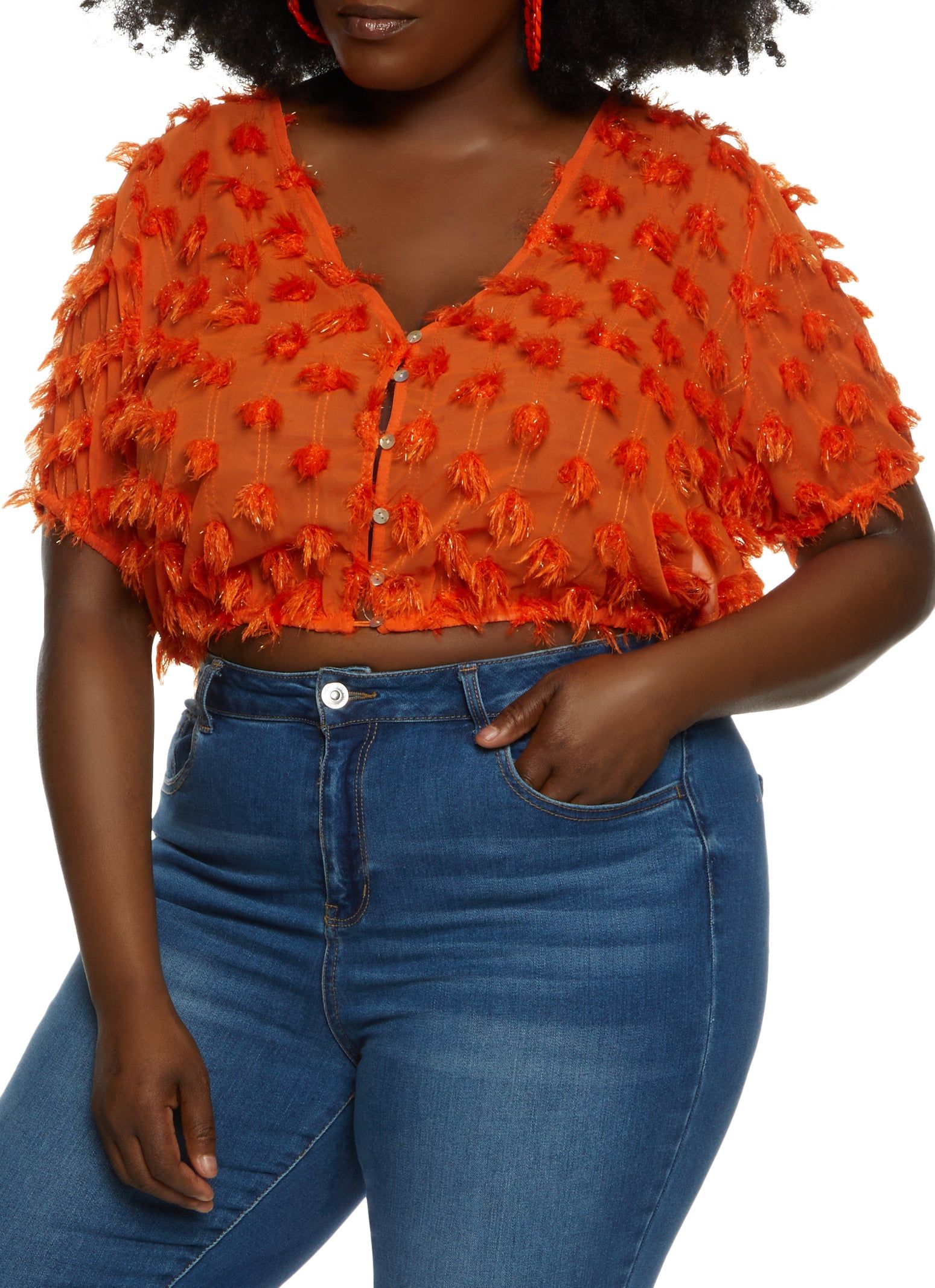 Plus Size Chiffon Fringe V Neck Blouse sold by Rainbow
