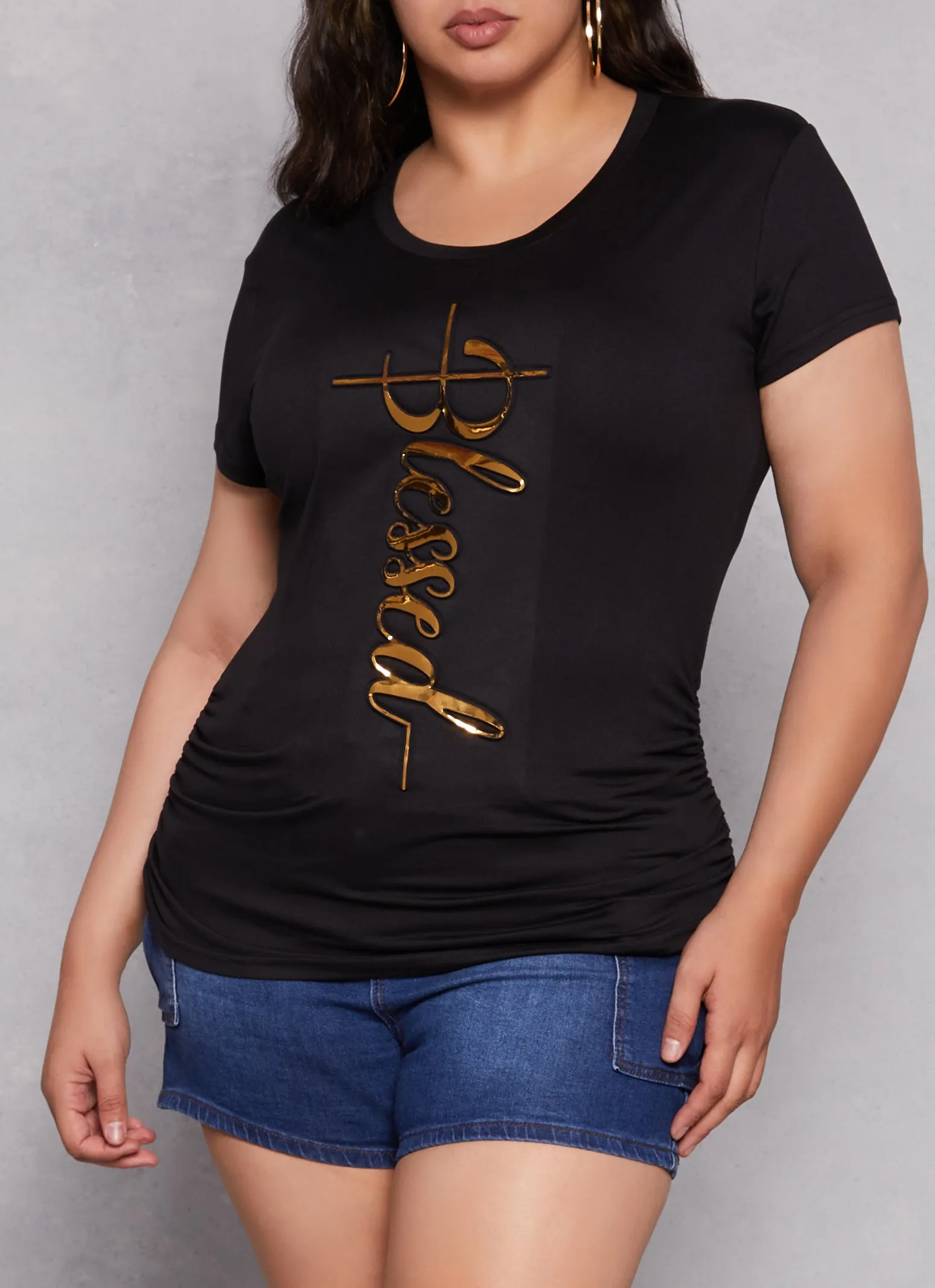 Plus Size 3D Foil Blessed Ruched Graphic Tee sold by Rainbow