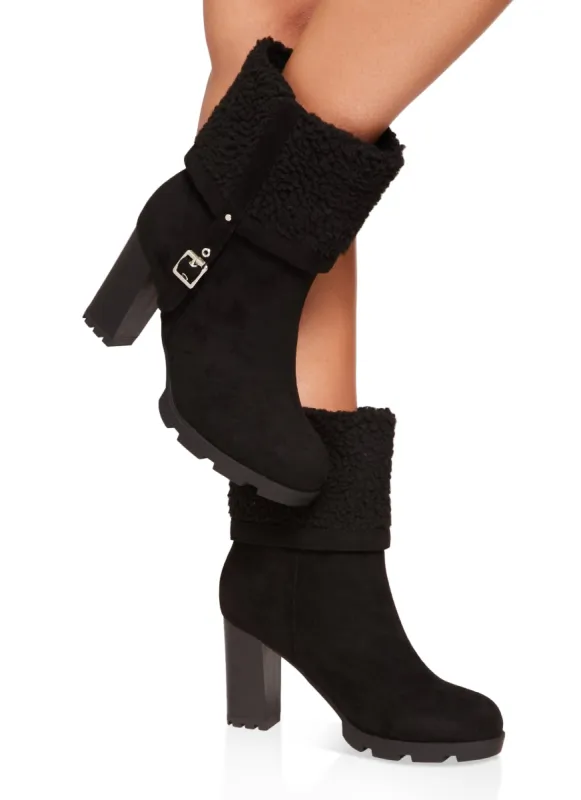 Faux Suede Sherpa Lined Buckle Fold Over Boots sold by Rainbow