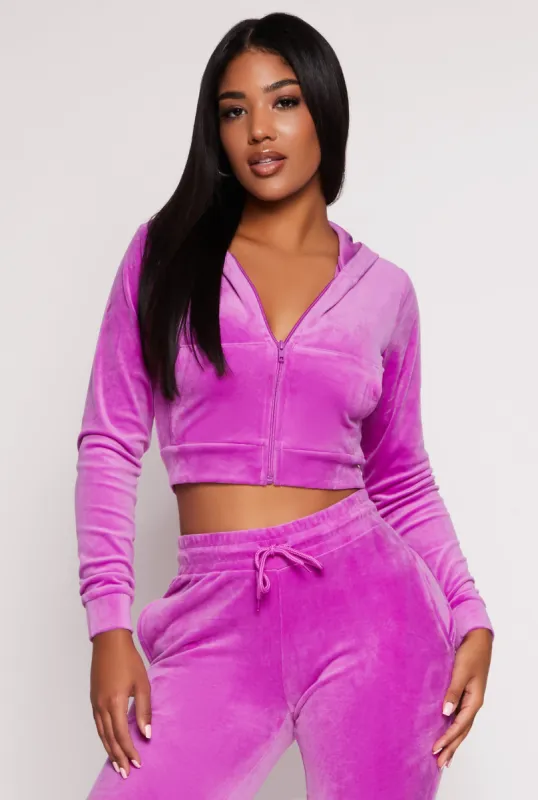 Velour Cropped Zip Front Hoodie sold by Rainbow