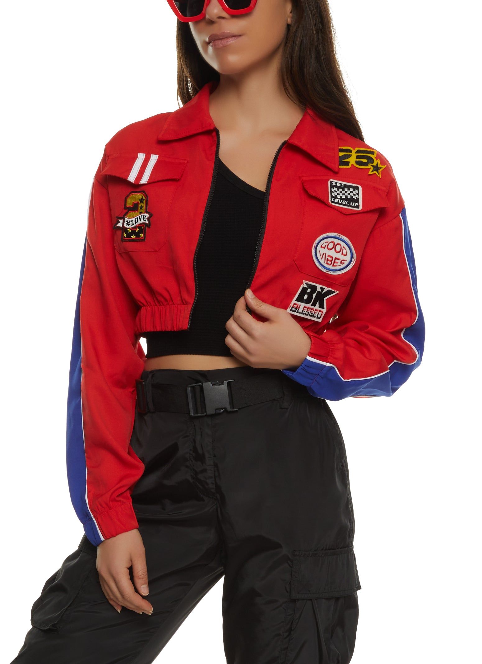 Graphic Patch Zip Front Cropped Jacket sold by Rainbow