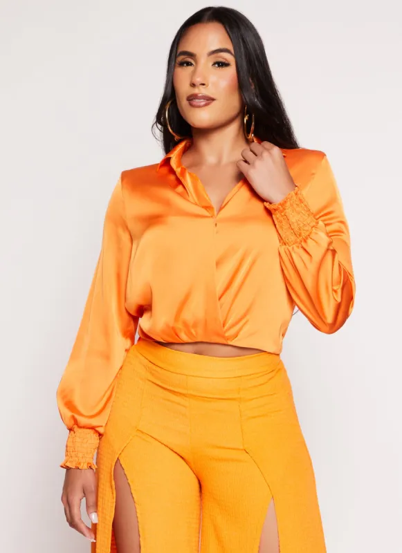 Satin Puff Sleeve Faux Wrap Shirt sold by Rainbow