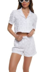 Frayed Button Front Cropped Shirt sold by Rainbow