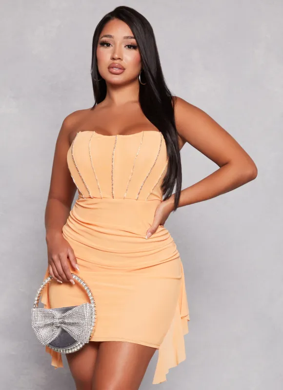 Rhinestone Ruched Corset Strapless Mini Dress sold by Rainbow