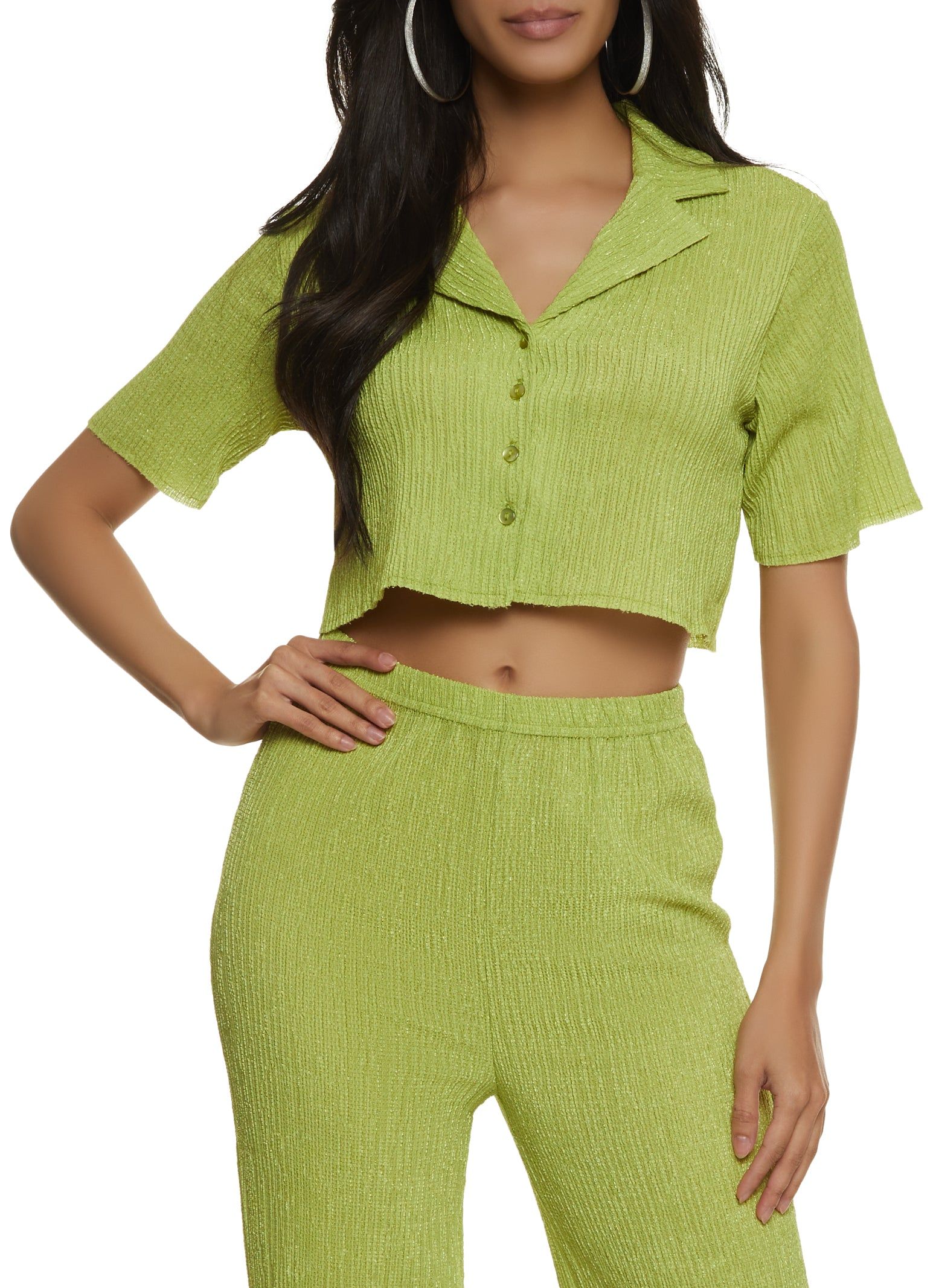 Textured Knit Button Front Cropped Shirt sold by Rainbow