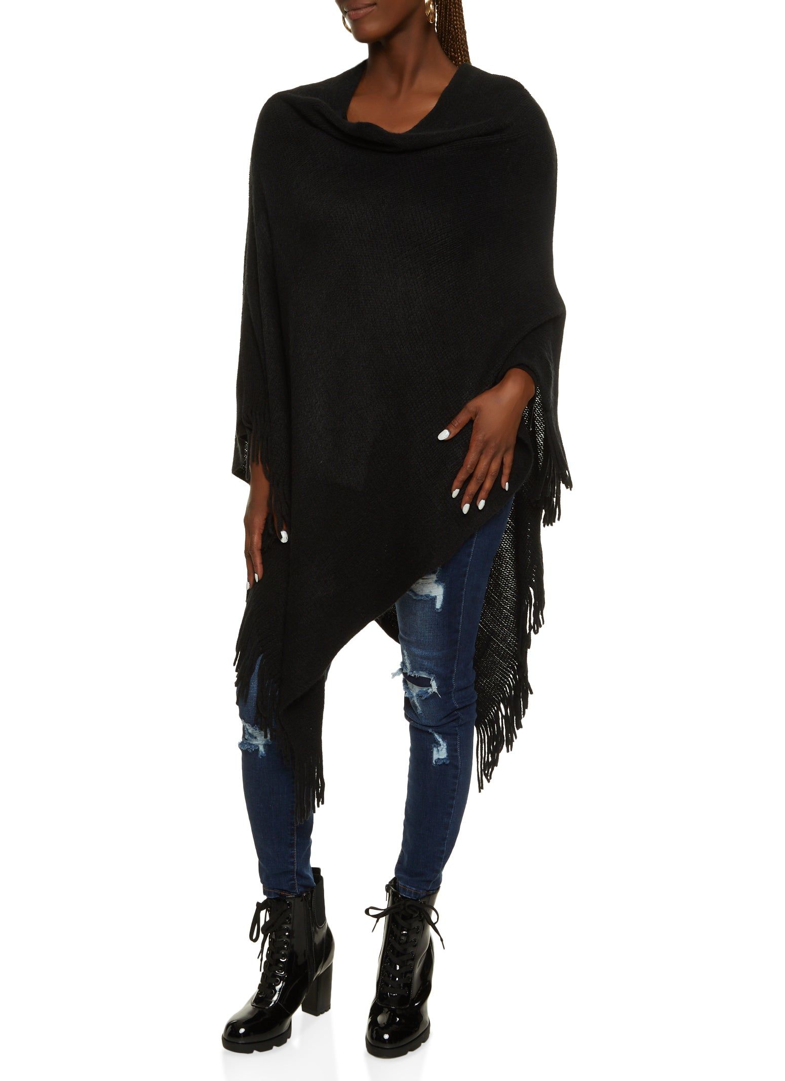 Solid Fringe Hem Asymmetrical Poncho sold by Rainbow