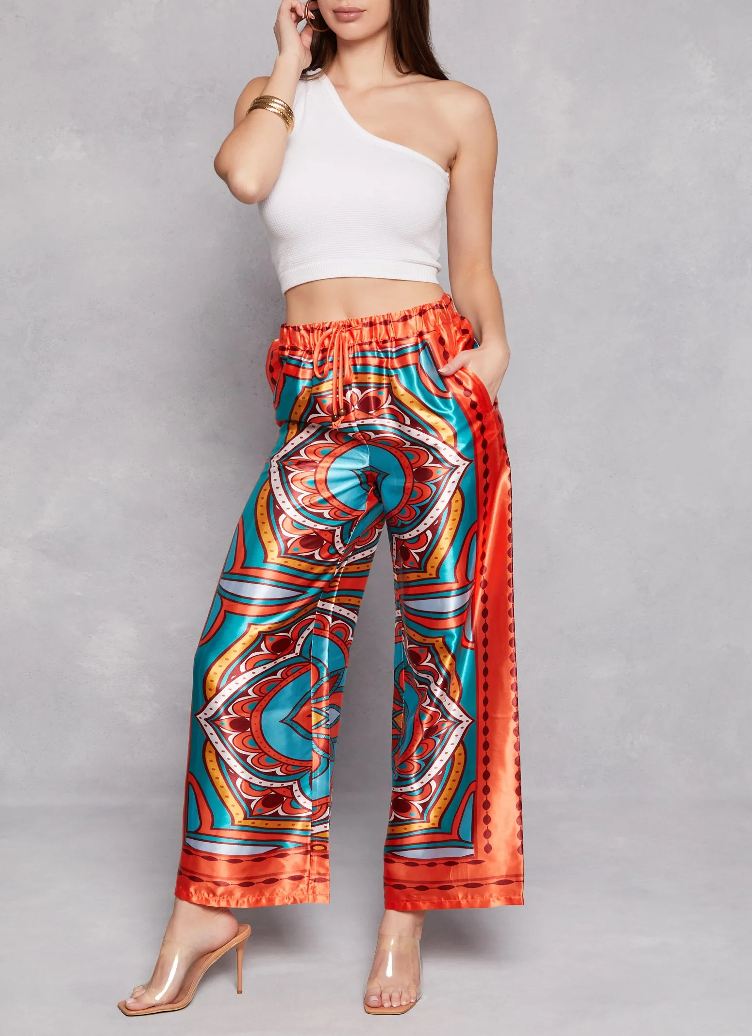 Satin Border Printed Wide Leg Pants sold by Rainbow