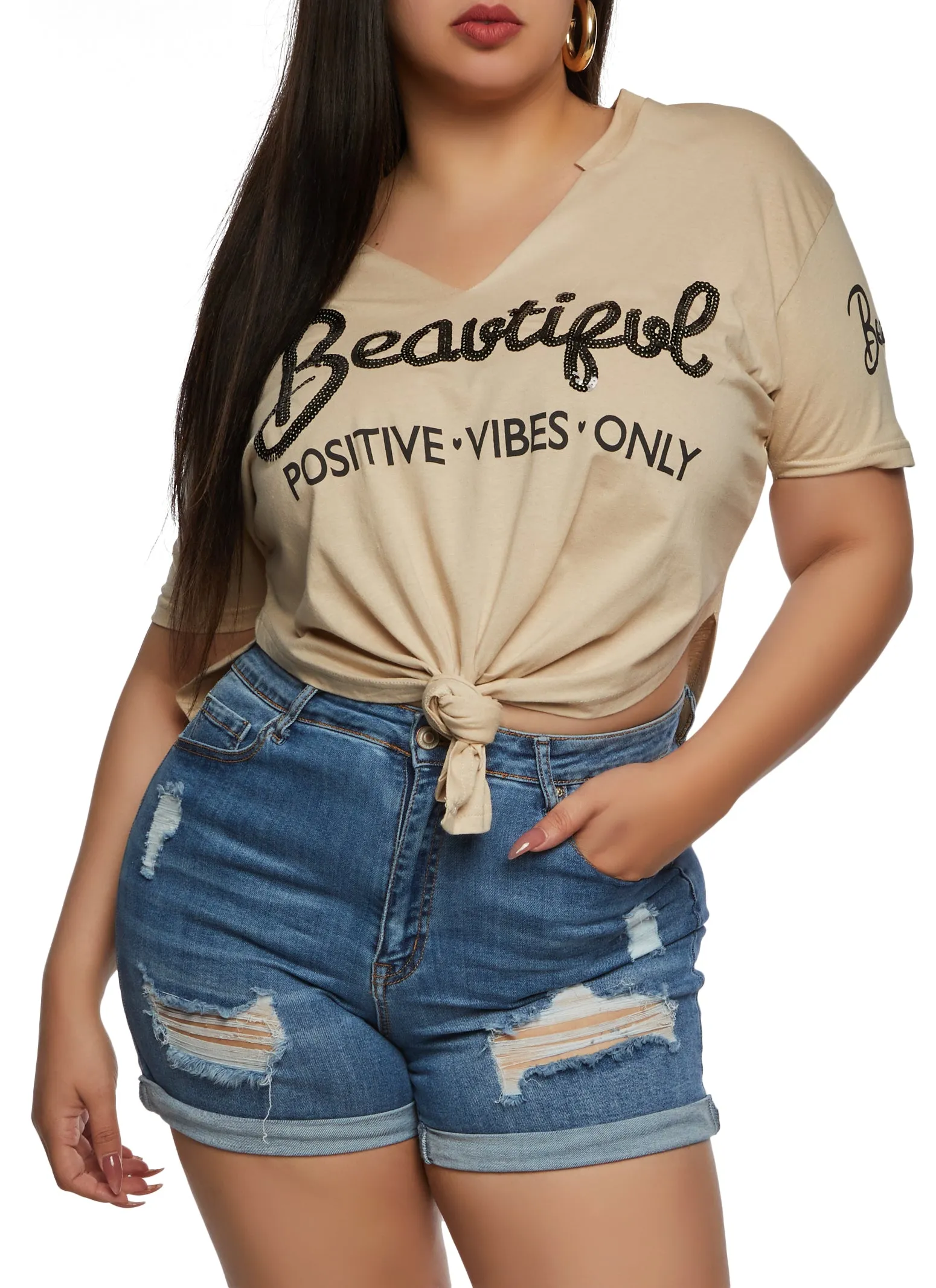 Plus Size Sequin Beautiful Positive Vibes Only Graphic Tee sold by Rainbow product image thumbnail 2