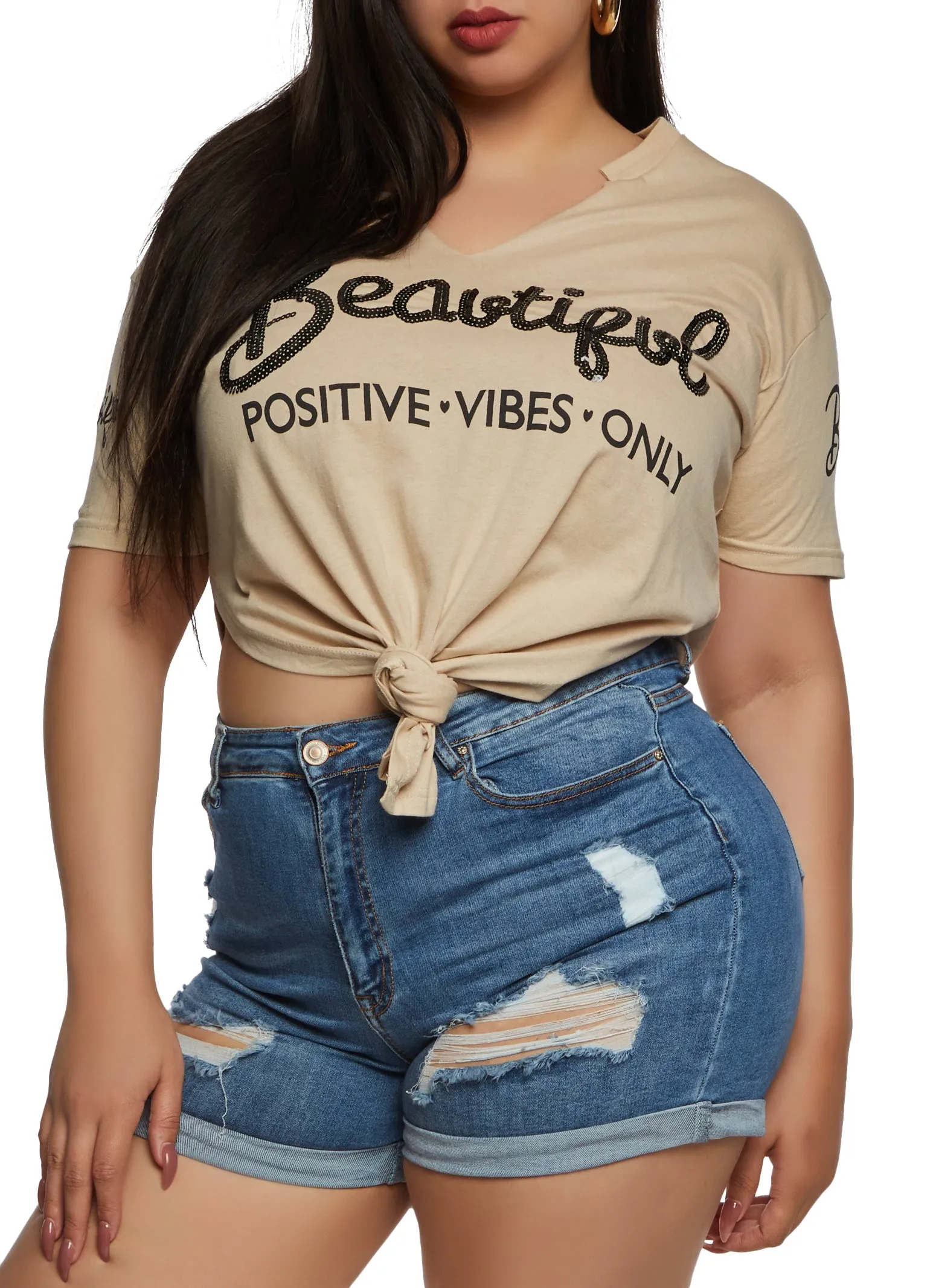Plus Size Sequin Beautiful Positive Vibes Only Graphic Tee sold by Rainbow