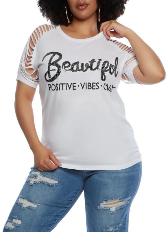 Plus Size Beautiful Positive Vibes Only Sequin Slashed Tee sold by Rainbow