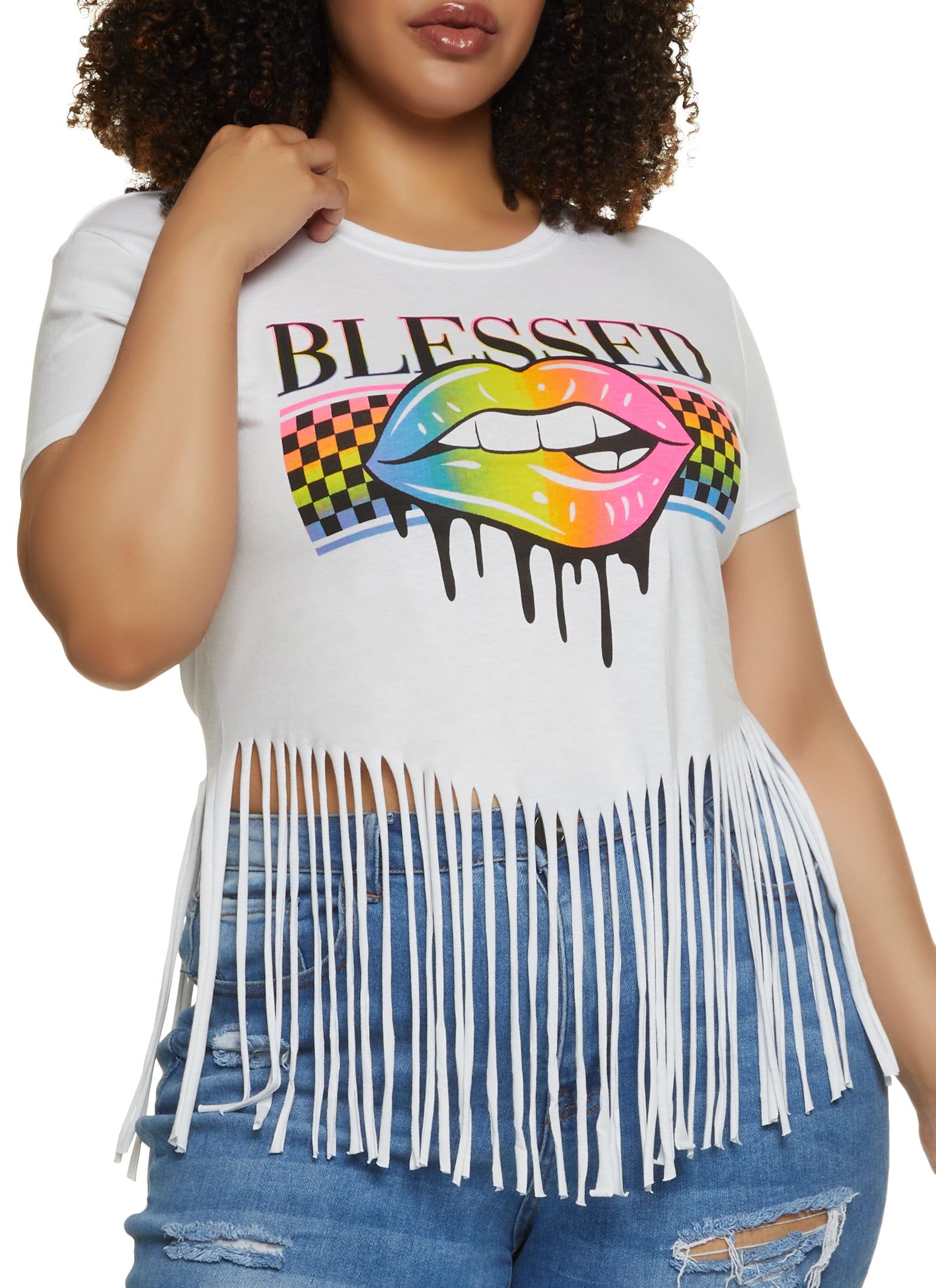 Plus Size Blessed Lip Graphic Fringe Tee sold by Rainbow