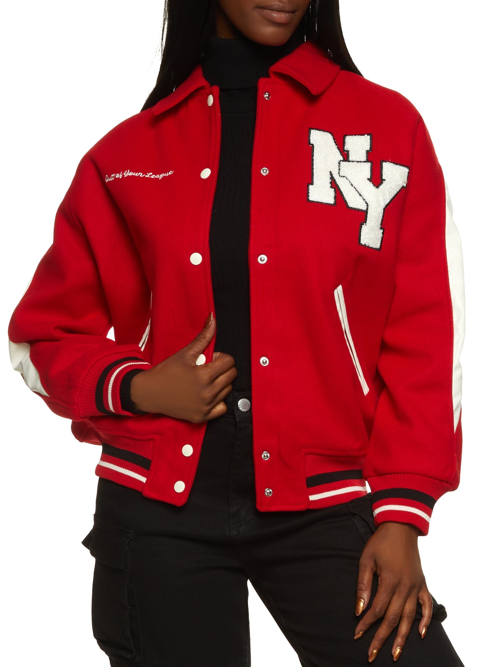 Collared NY Chenille Patch Varsity Jacket sold by Rainbow