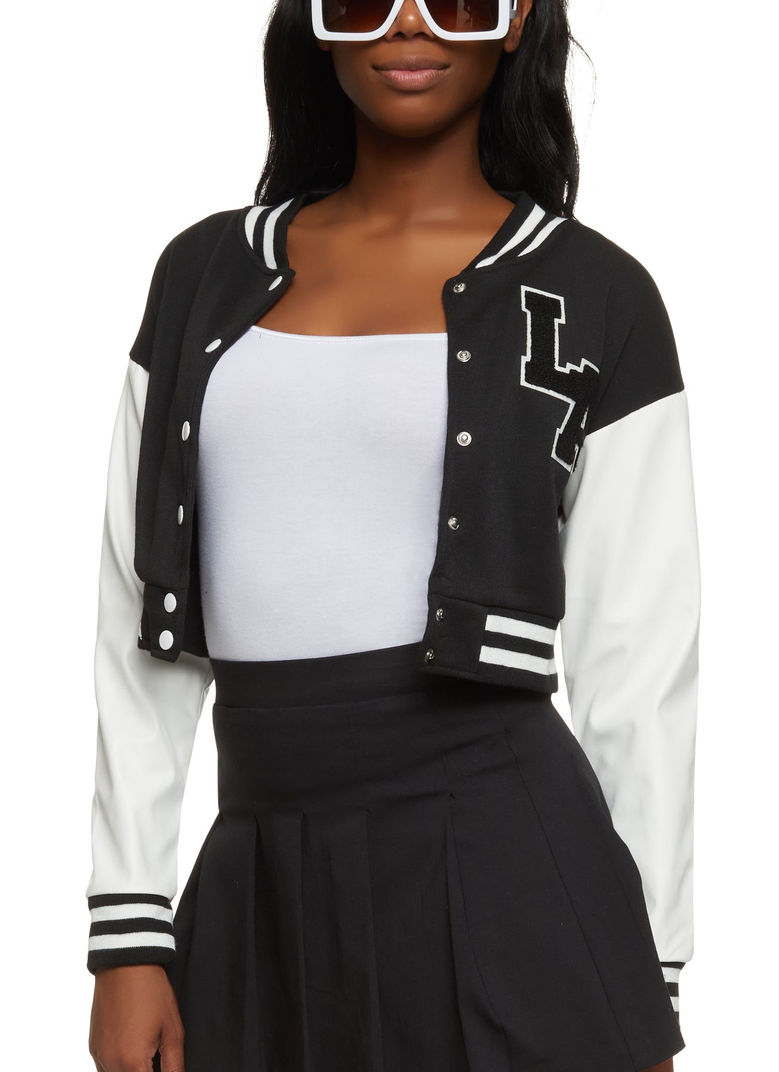 Chenille Graphic Patch PU Sleeve Cropped Varsity Jacket sold by Rainbow