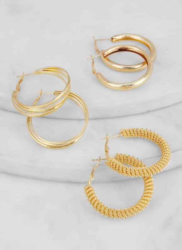 Textured Metallic Hoop Earrings Set of 3 sold by Rainbow