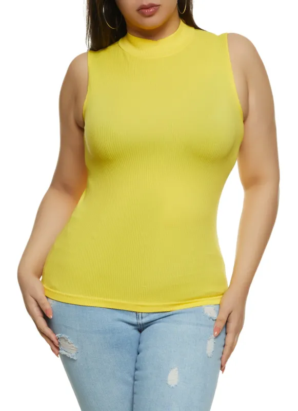 Plus Size Seamless Ribbed Knit Mock Neck Tank Top sold by Rainbow