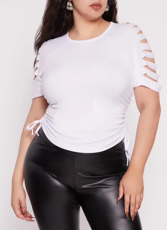 Plus Size Laser Cut Sleeve Ruched Sleeve T Shirt sold by Rainbow