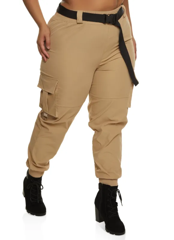 Plus Size Belted High Waist Cargo Joggers sold by Rainbow