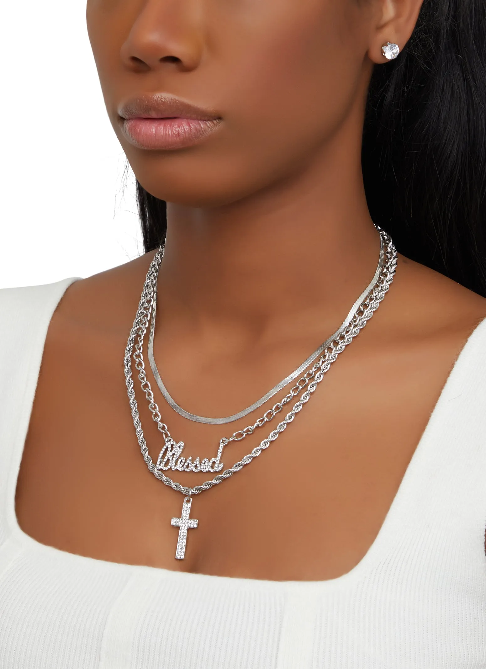 Blessed Cross Layered Necklace with Stud Earring Trio Set sold by Rainbow product image thumbnail 2