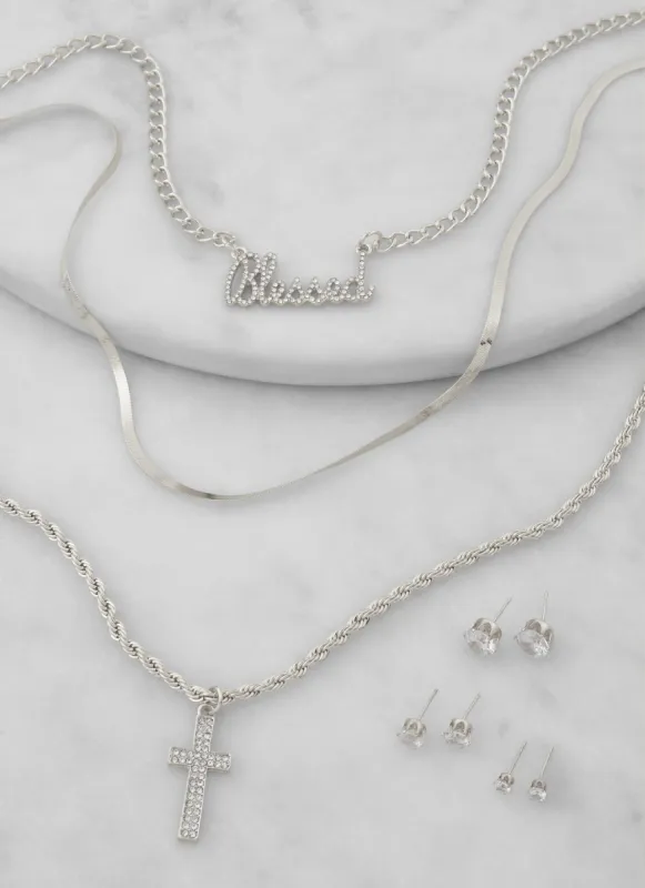 Blessed Cross Layered Necklace with Stud Earring Trio Set sold by Rainbow