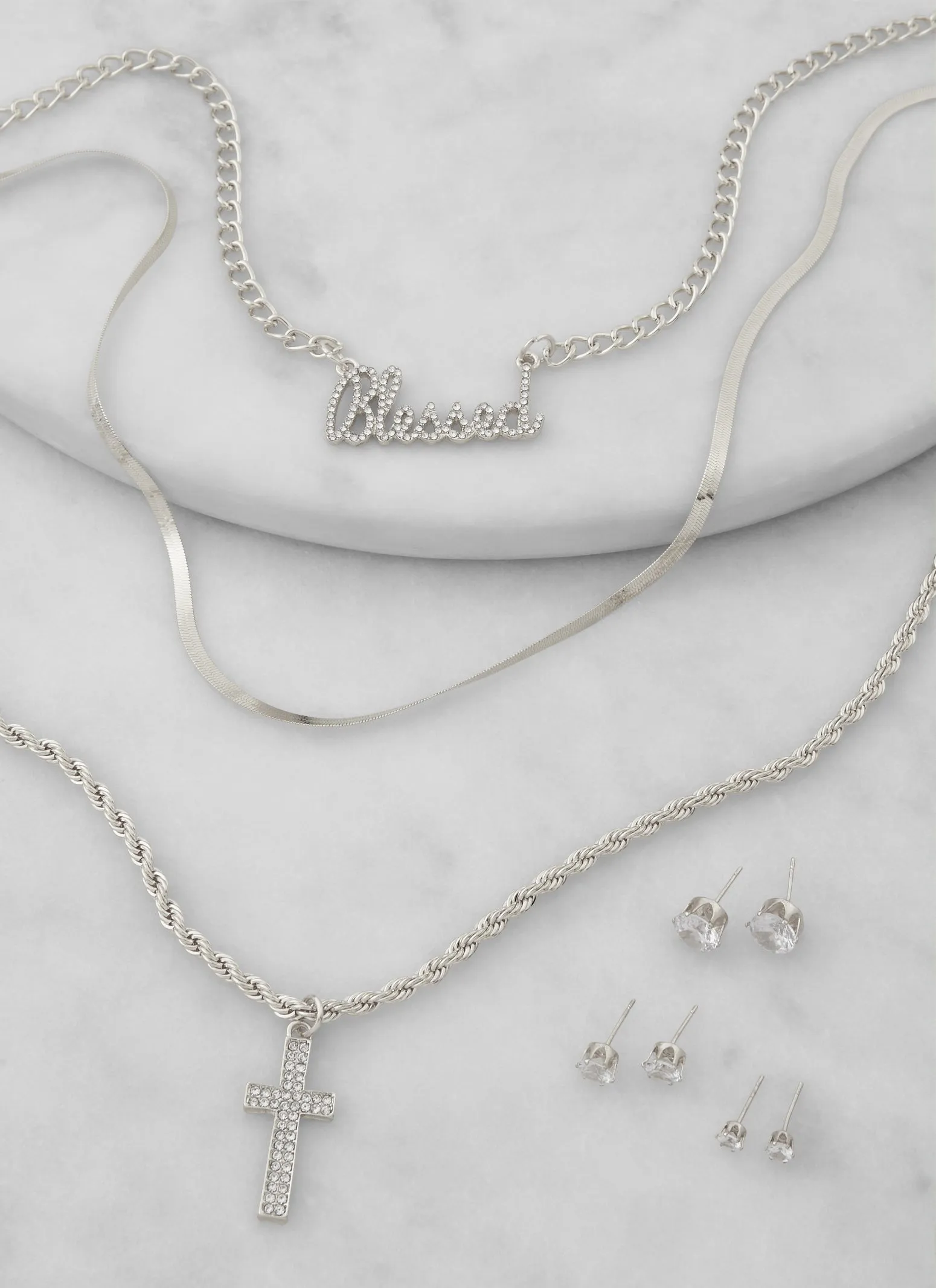 Blessed Cross Layered Necklace with Stud Earring Trio Set sold by Rainbow