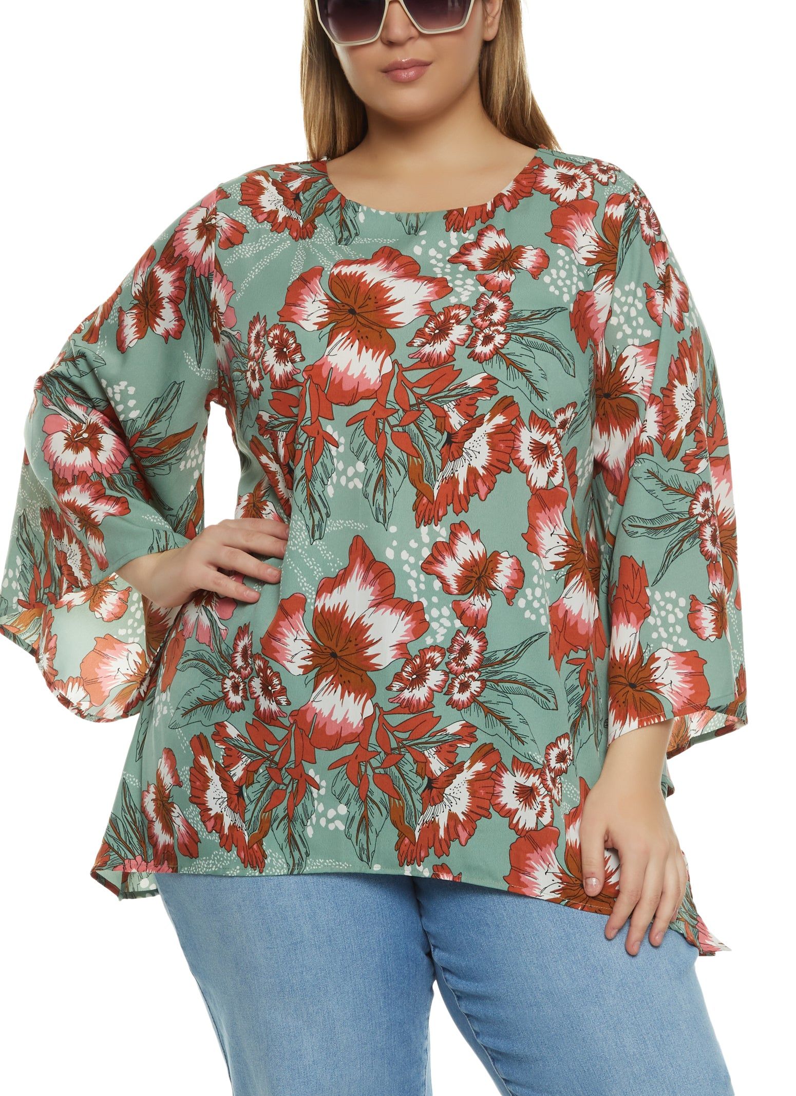 Plus Size Floral Print Bell Sleeve Blouse sold by Rainbow