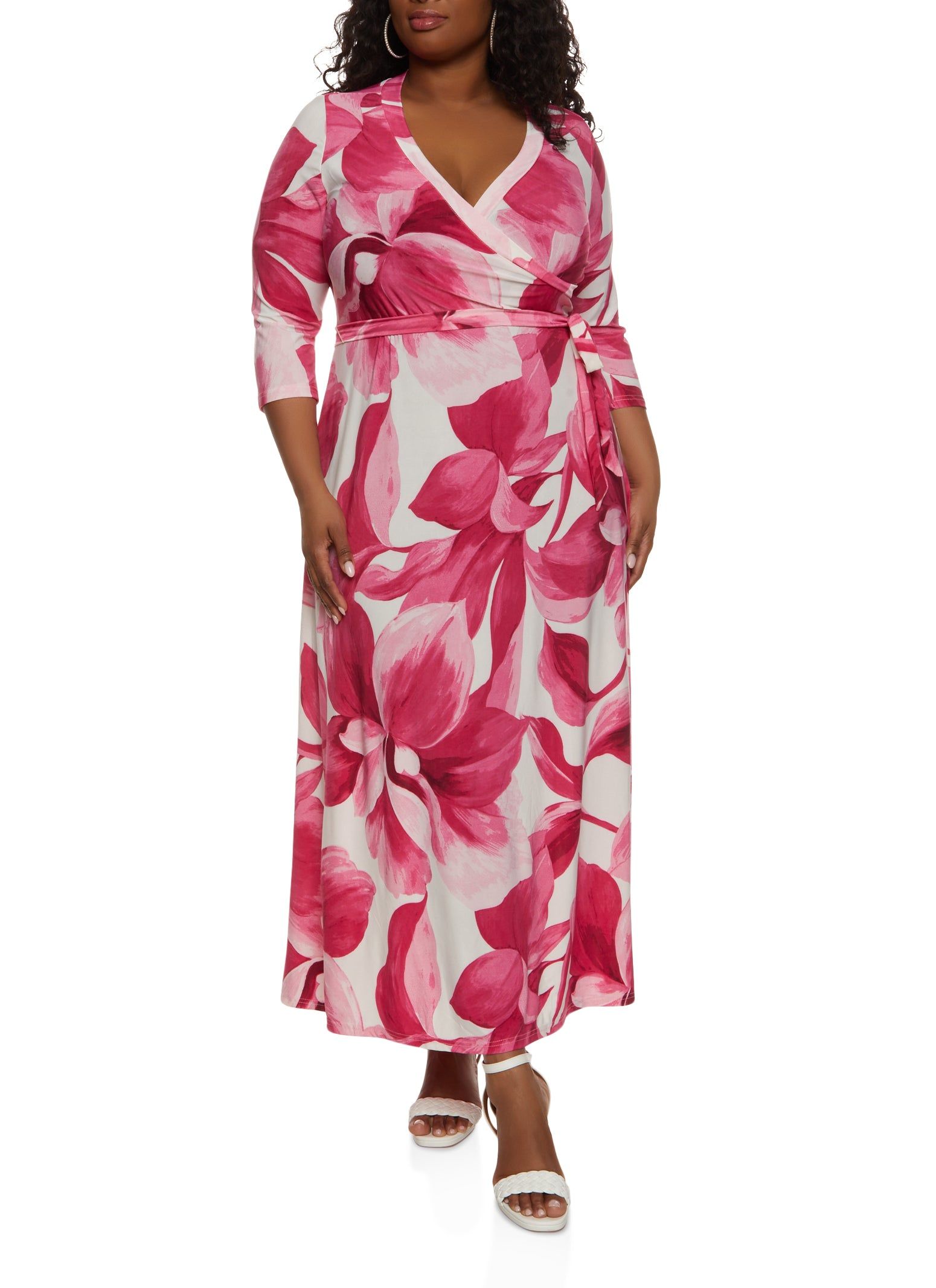 Plus Size V Neck Floral Print Faux Wrap Maxi Dress sold by Rainbow