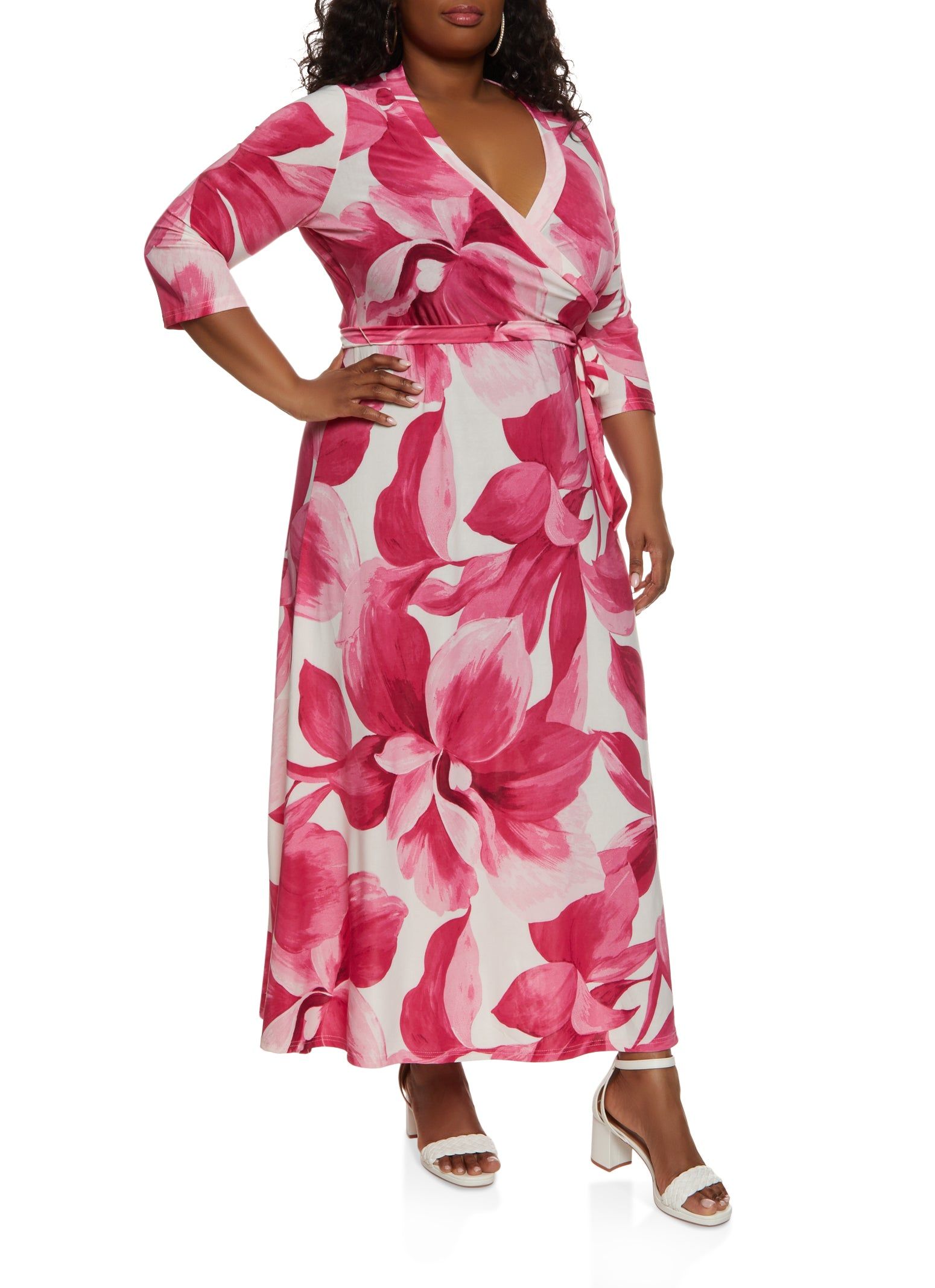 Plus Size V Neck Floral Print Faux Wrap Maxi Dress sold by Rainbow product image thumbnail 2