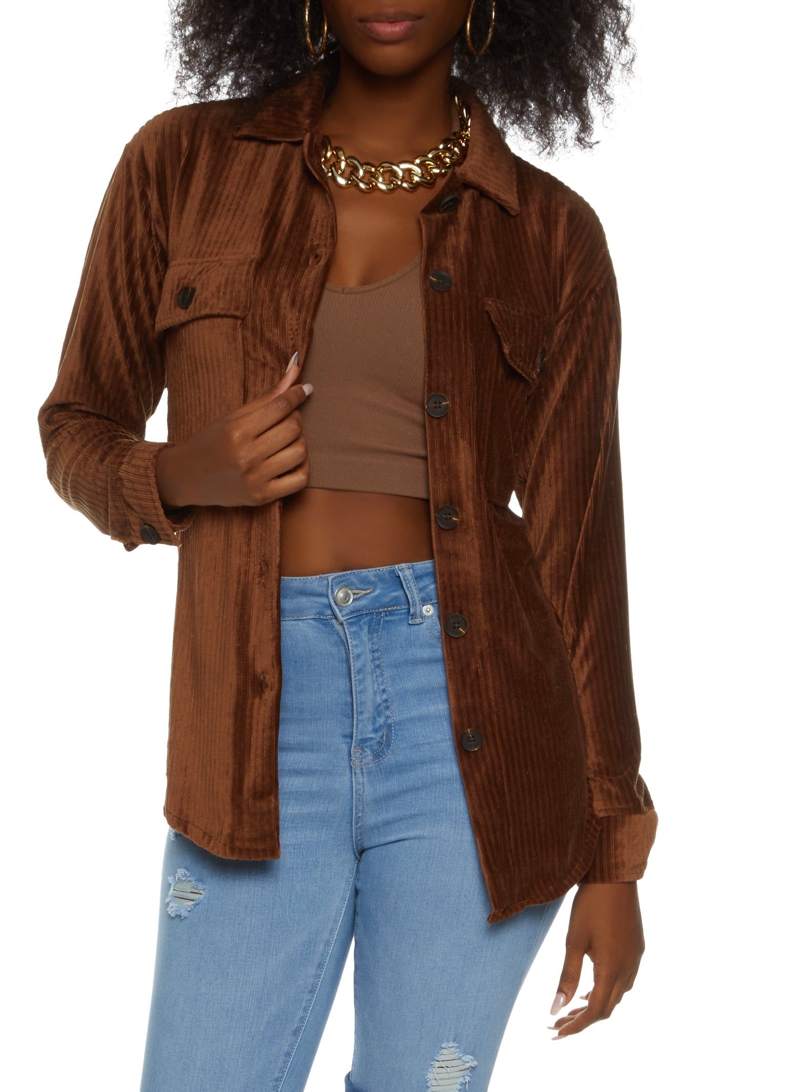 Ribbed Knit Velour Button Front Shirt sold by Rainbow