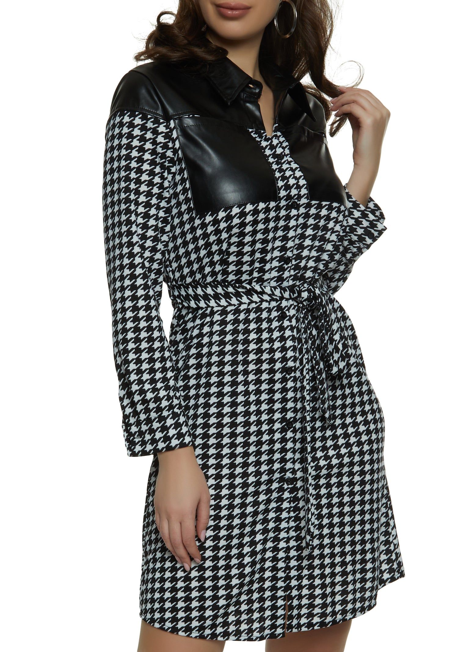 Houndstooth Button Front Tie Waist Shirt Dress sold by Rainbow