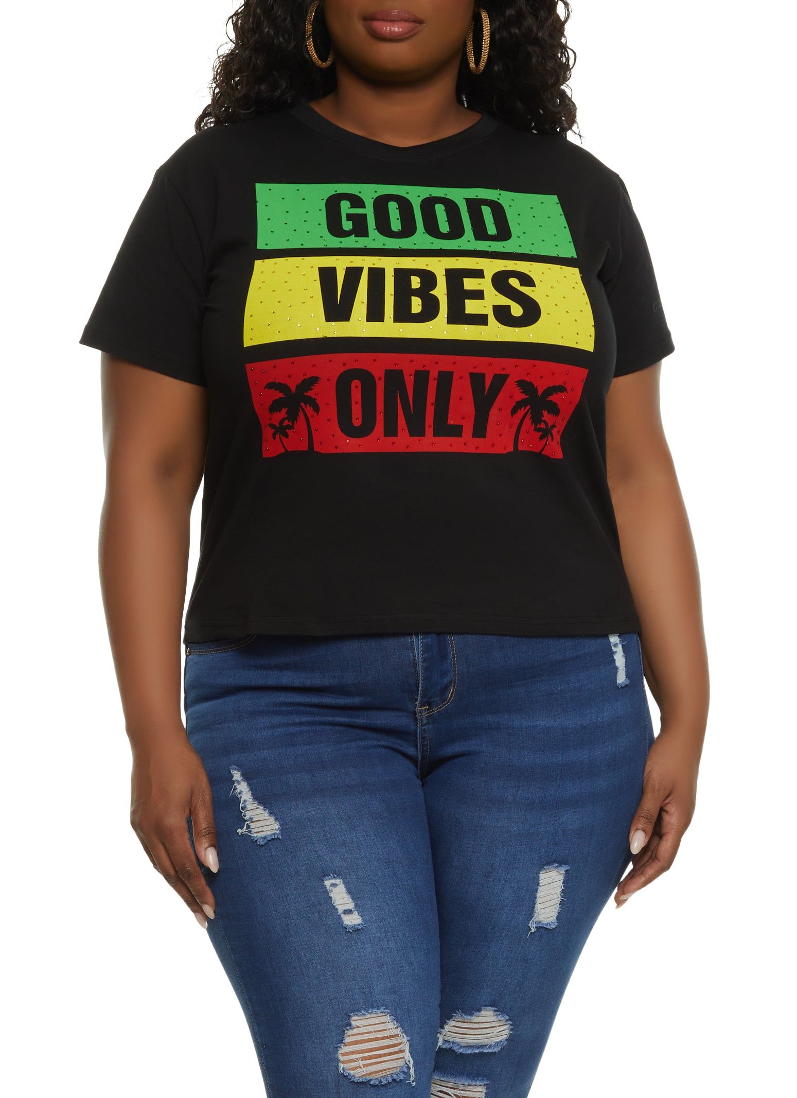 Plus Size Good Vibes Only Rhinestone Graphic Tee sold by Rainbow