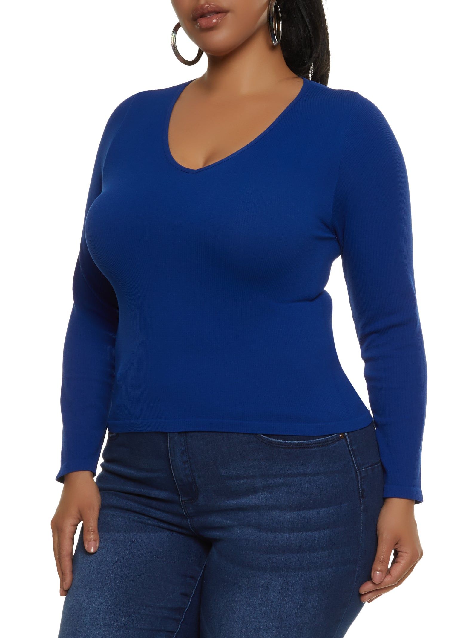 Plus Size Seamless Long Sleeve V Neck Tee sold by Rainbow
