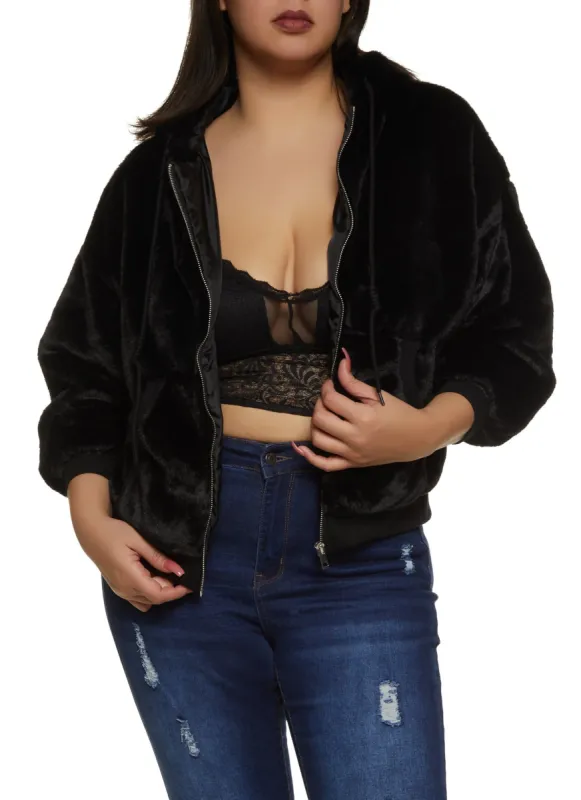 Plus Size Faux Fur Zip Front Hoodie sold by Rainbow