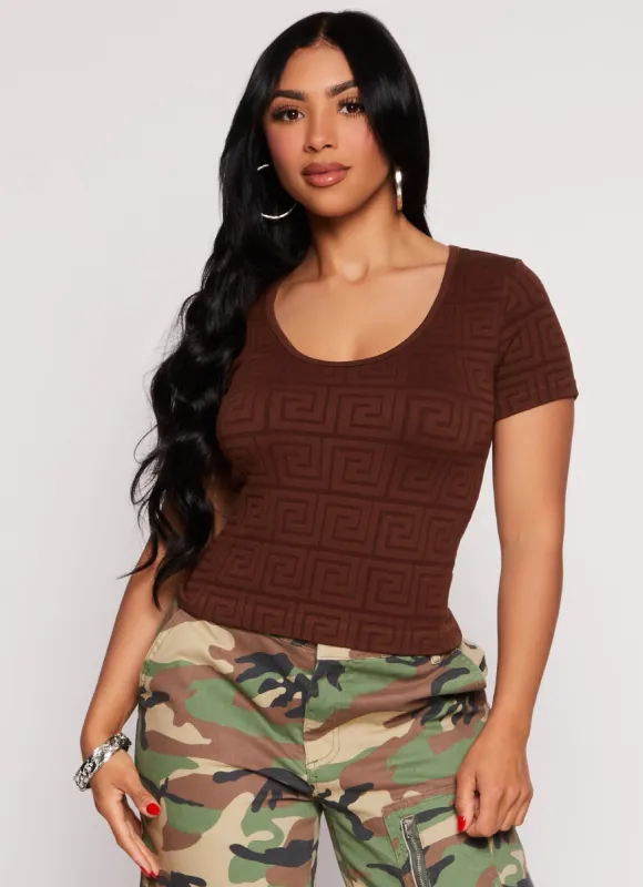 Seamless Ribbed Greek Key Scoop Neck Top made by Rainbow