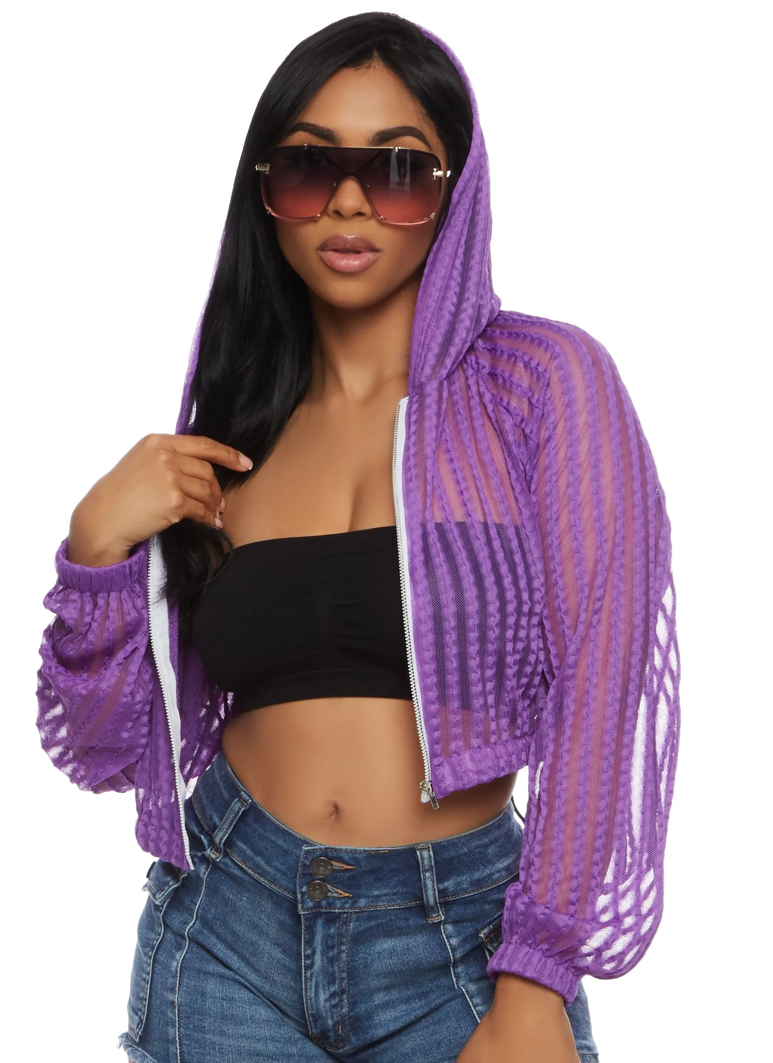 Mesh Shadow Striped Zip Front Cropped Hoodie sold by Rainbow product image thumbnail 2