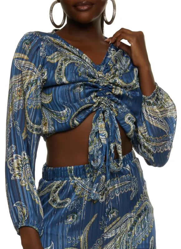 Patterned Ruched Tie Front Crop Top sold by Rainbow