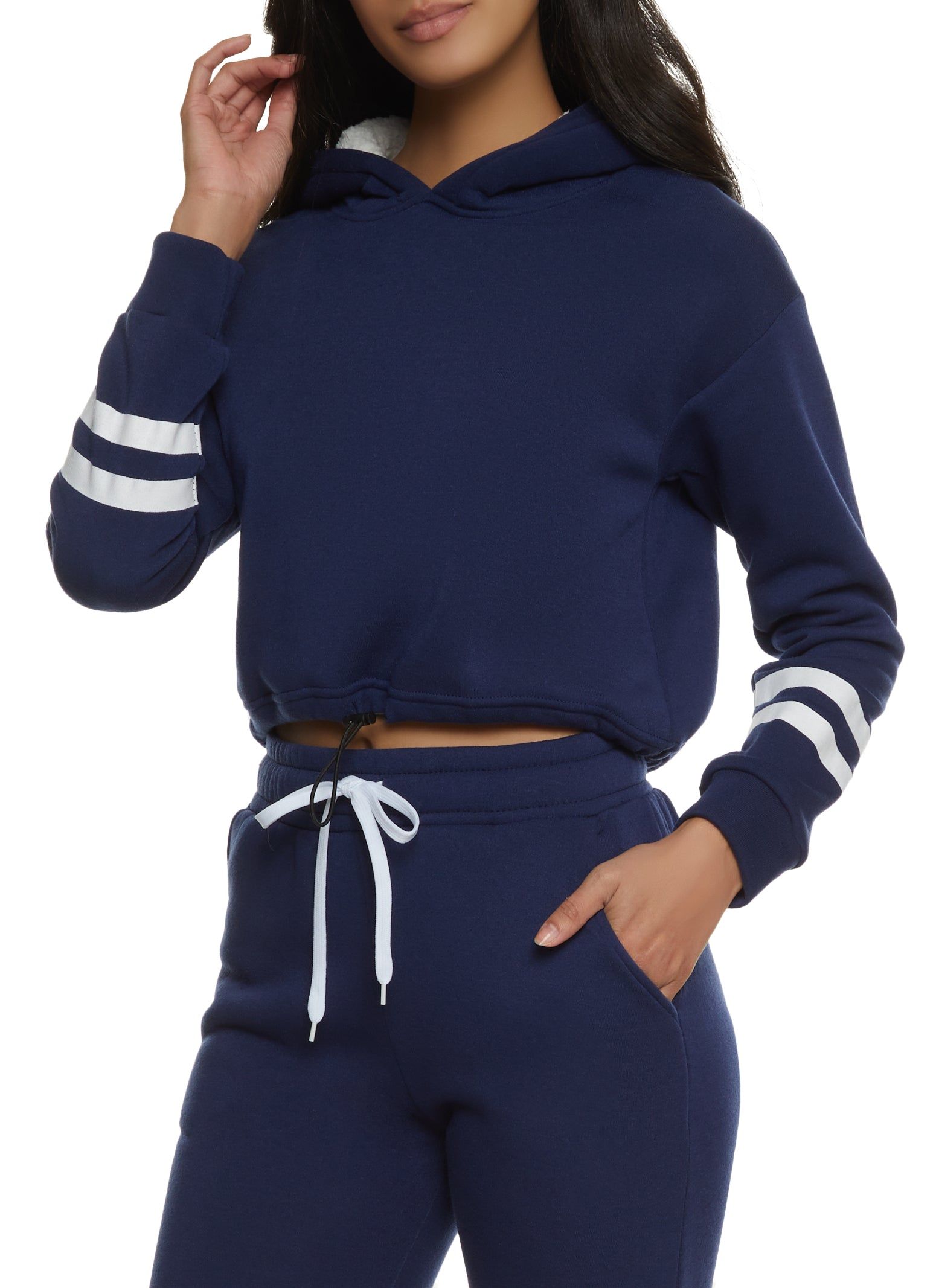 Toggle Drawstring Stripe Detail Fleece Pullover Hoodie sold by Rainbow
