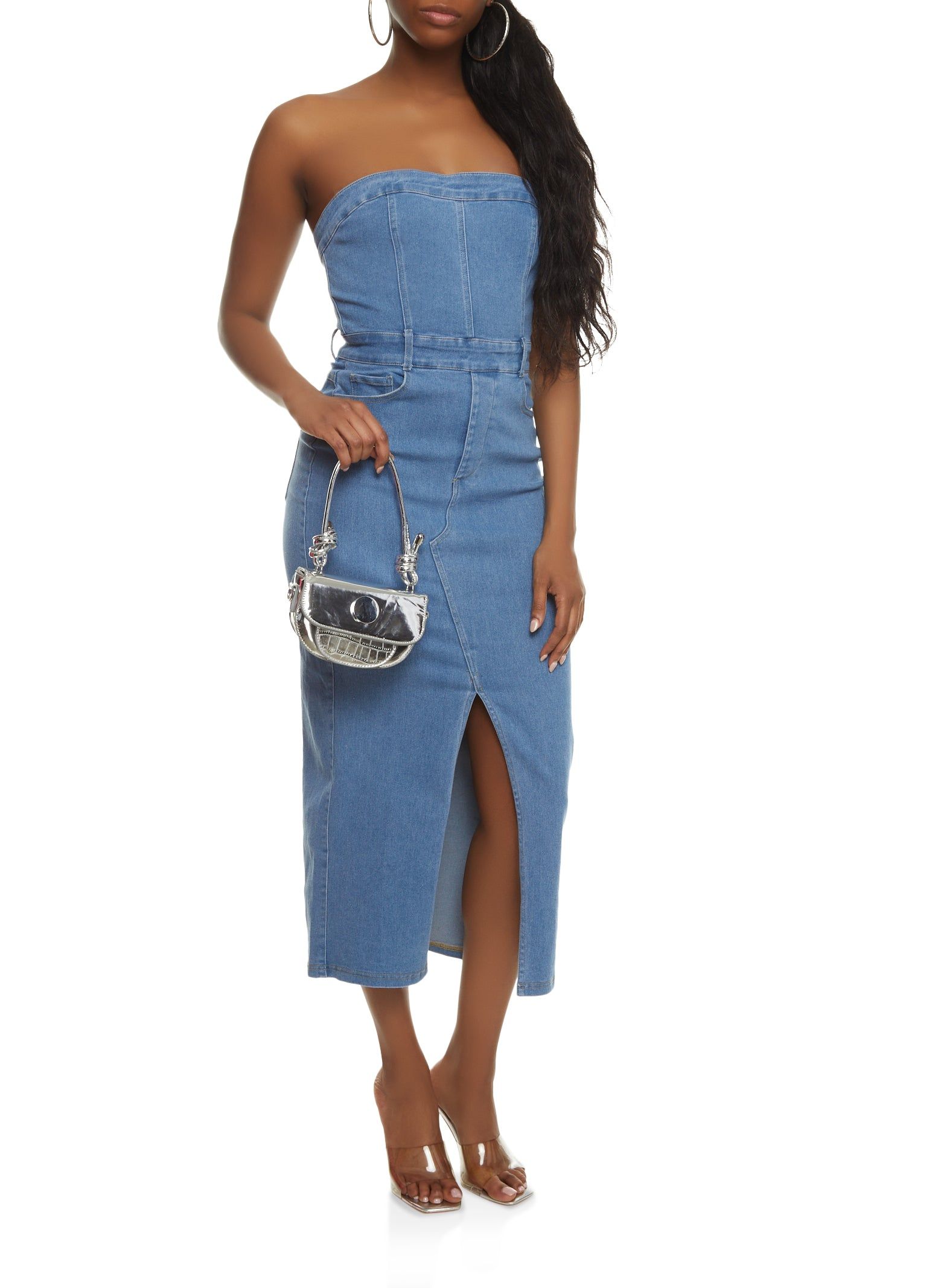 Denim Front Slit Midi Tube Dress sold by Rainbow