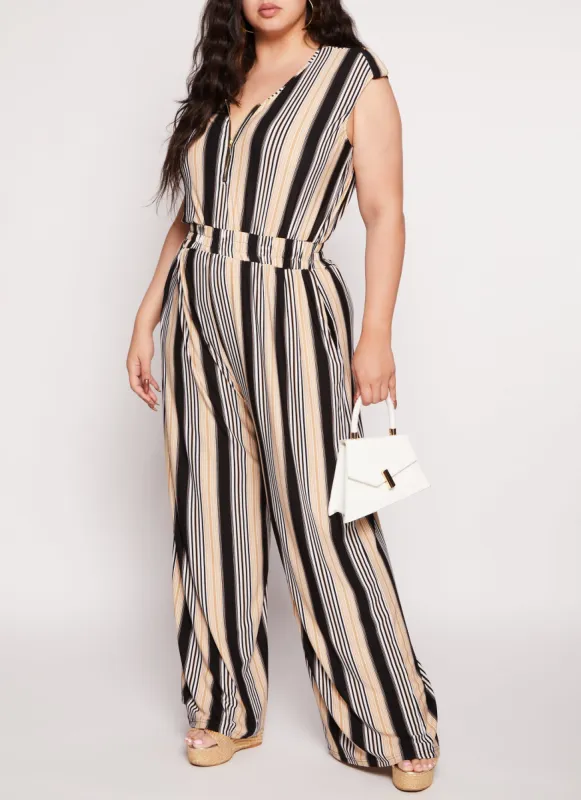 Plus Size Striped Half Zip Jumpsuit sold by Rainbow