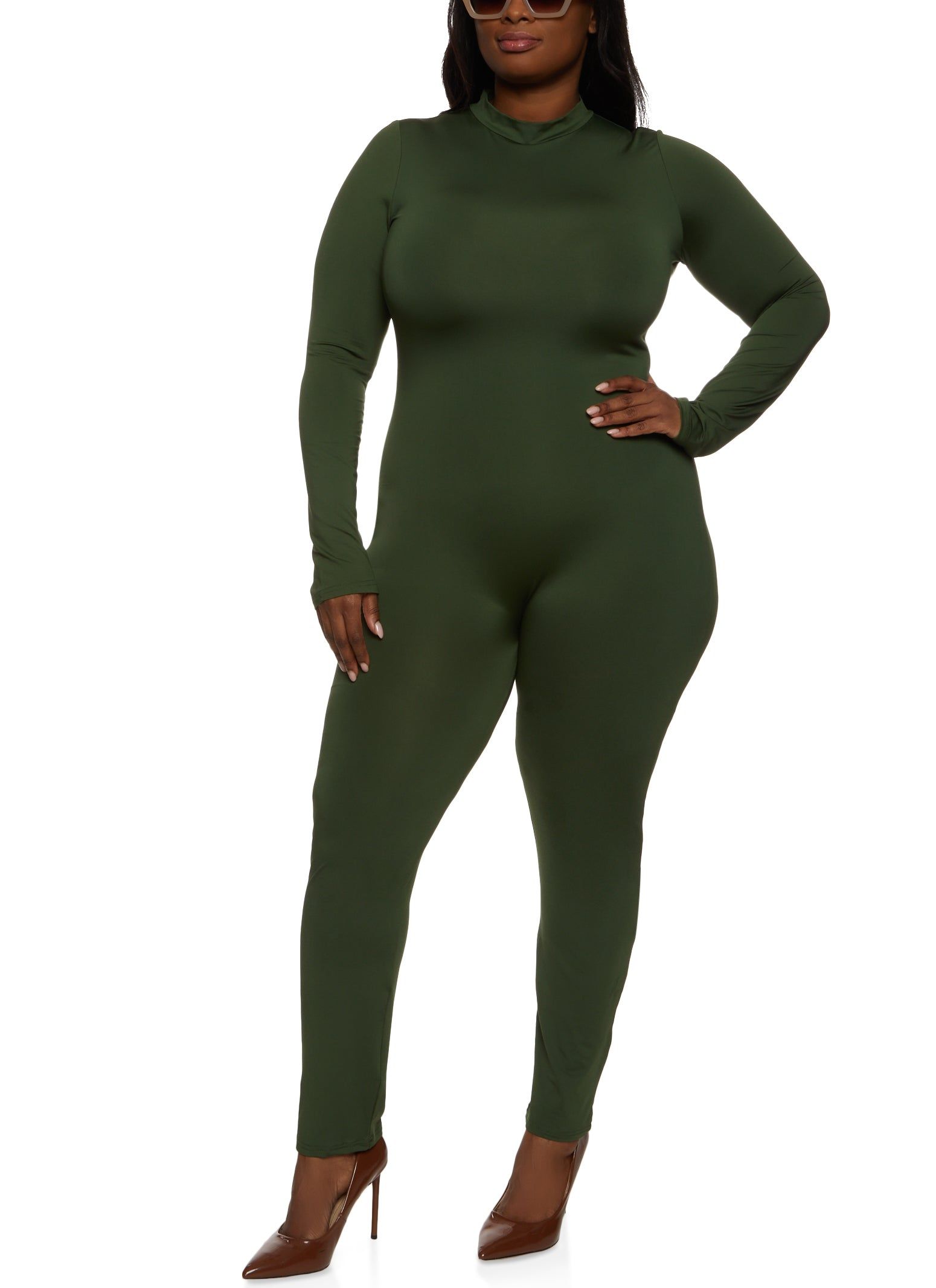 Plus Size Long Sleeve Mock Neck Catsuit sold by Rainbow