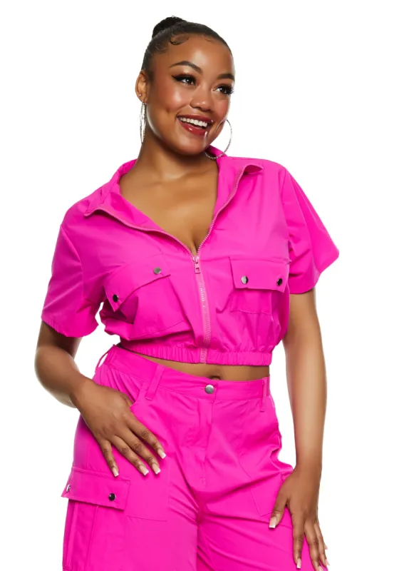 Plus Size Cargo Pocket Zip Front Crop Top sold by Rainbow