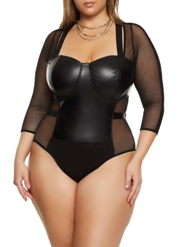 Plus Size Faux Leather Mesh Sleeve Bustier Bodysuit sold by Rainbow
