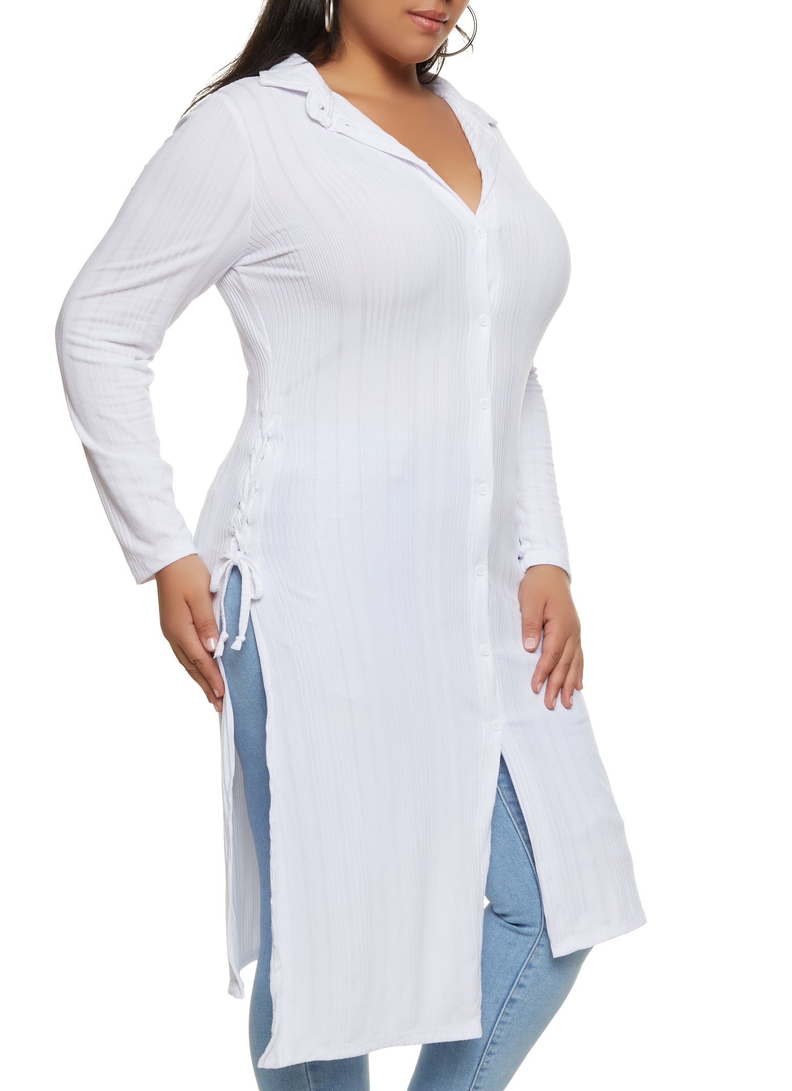 Plus Size Lace Up Side Button Down Maxi Shirt sold by Rainbow